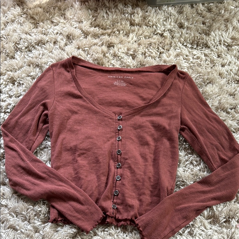 American Eagle Outfitters Red Long Sleeve Crop Blouse